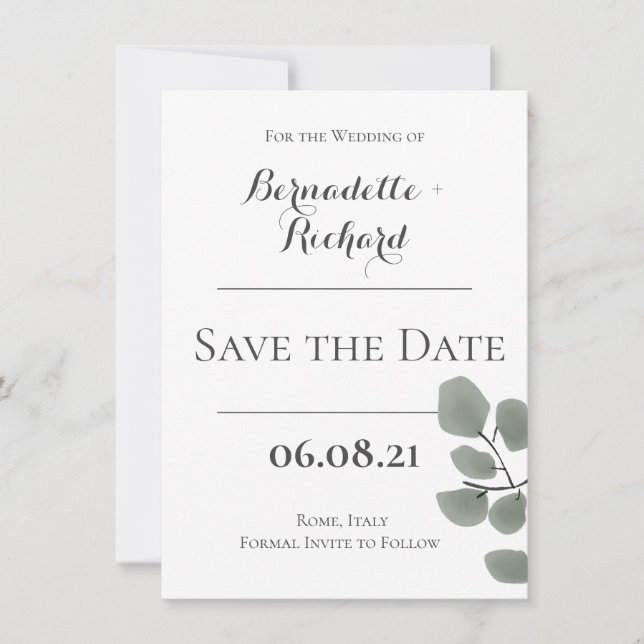 Thema Eukalyptus-Blätter Save The Date (Vorderseite)