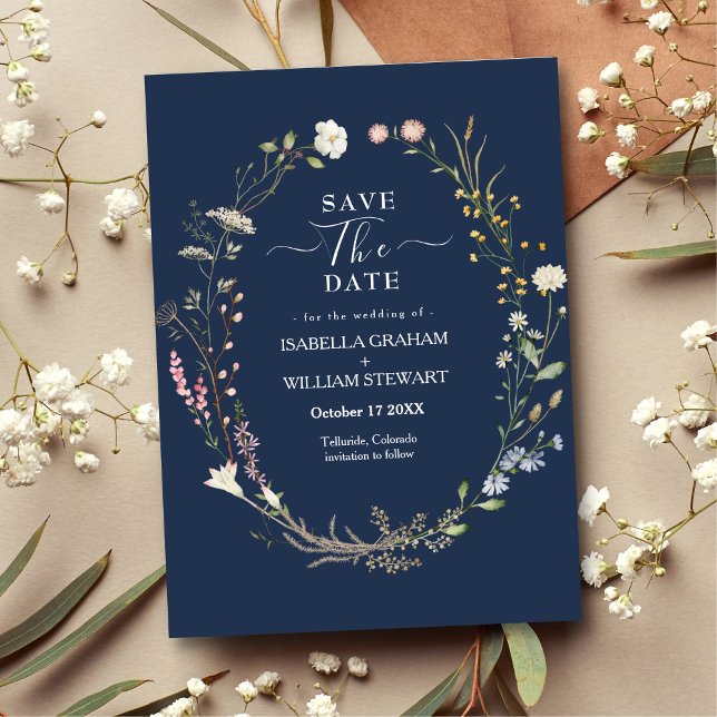 Thema Navy Watercolor-Wildblume Save the Date Einladung (Von Creator hochgeladen)