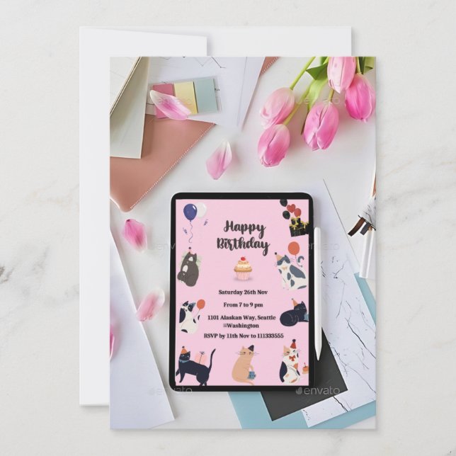 Thema niedliche Kätzchen - Einladungskarte zum Geb Einladung (Vorderseite)