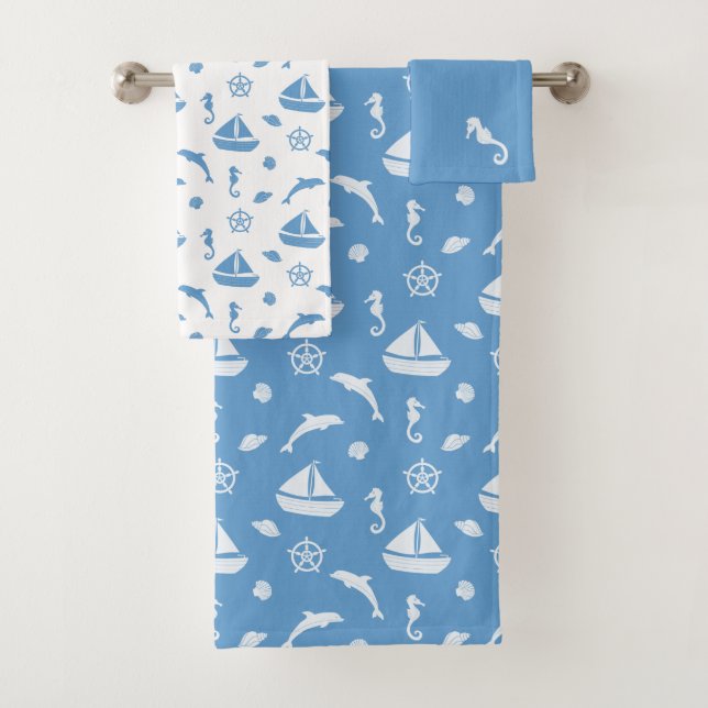 Thema Sailboat Ocean | Blau und Weiß Badhandtuch Set (Insitu)