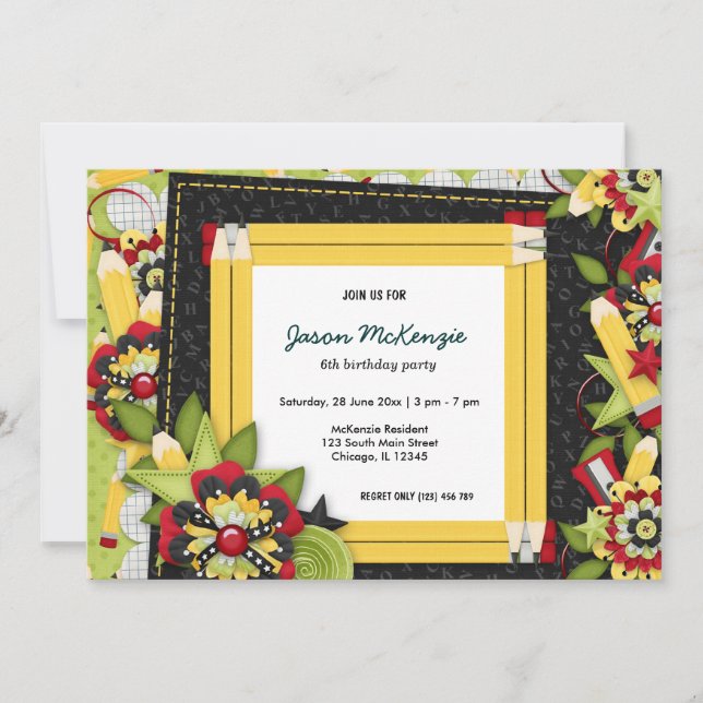 Thema Schulgeburt Einladung (Vorderseite)