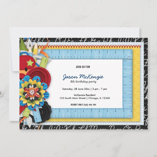 Thema Schulgeburt Einladung (Vorderseite)