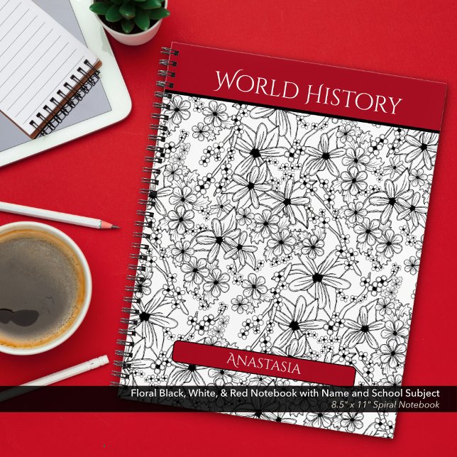 Thema Schwarz-weiße Blumenschule Notizbuch (Spiral School Notebook: Hand Drawn Floral Pattern in Black, White, and Red with Name and Subject)