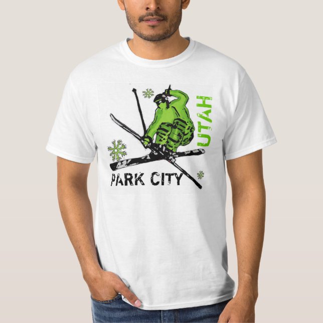 Thema-Skifahrer-Wertt-stück Park City Utah grünes T-Shirt (Vorderseite)