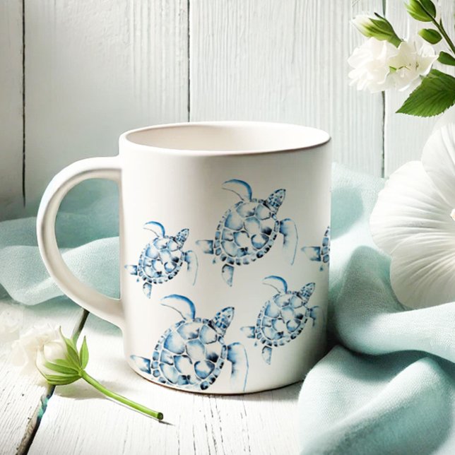 Theme Blue Sea Turtle Beach Kaffeetasse (Sea turtle mugs blue watercolor art by Victoria Grigaliunas of Do Tell A Belle.)