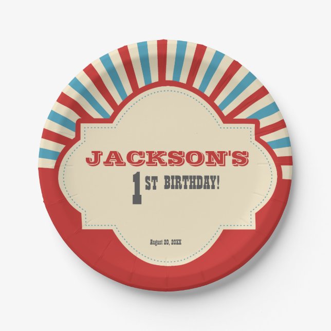 Themed 1. Geburtstag des roten blauen Fotozirkuses Pappteller (Vorderseite)