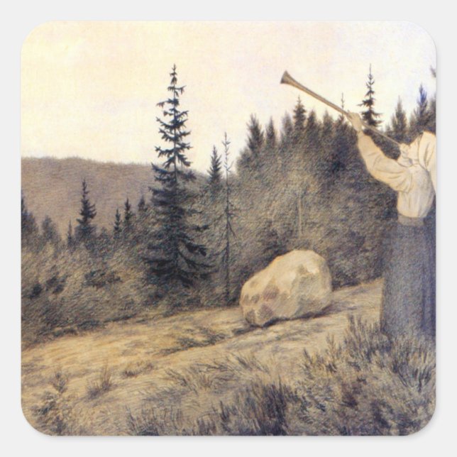 Theodor Kittelsen - Op Under Fjeldet Toner en Lur Quadratischer Aufkleber (Vorderseite)
