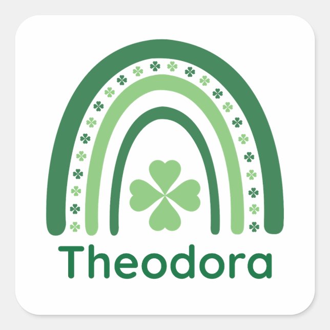 Theodora Name Clover Boho Rainbow Quadratischer Aufkleber (Vorderseite)