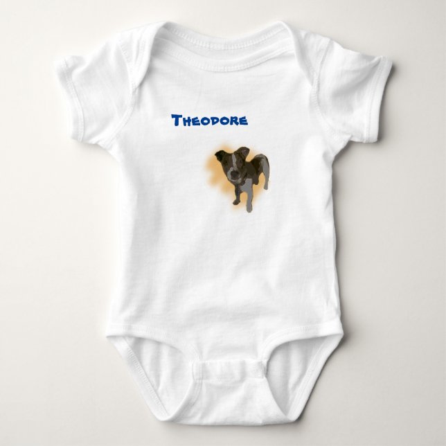 Theodore Name mit Jack Russell, Baby Bodysuit Strampler (Vorderseite)