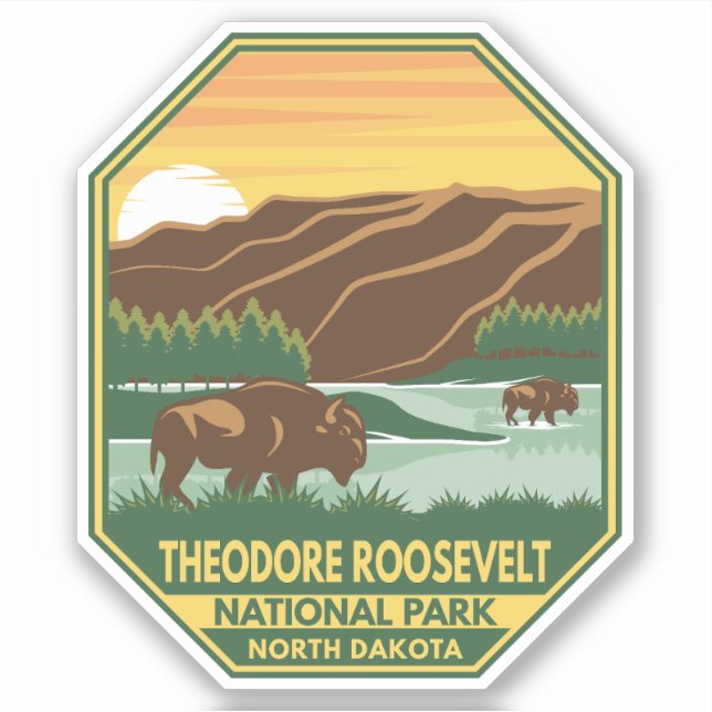 Theodore Roosevelt Nationalpark Bison Retro Aufkleber (Vorderseite)