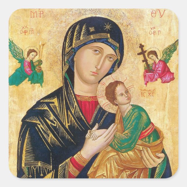 Theotokos und das Christuskind mit Engelsymbol Quadratischer Aufkleber (Vorderseite)