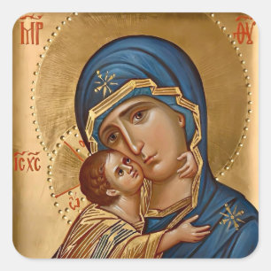 Theotokos und Jesuskind in Blau- und Gold-Ikone Quadratischer Aufkleber