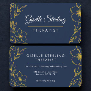 Therapeut Blumen Navy Blau Gold Professionell Visitenkarte