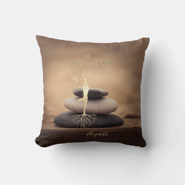 Therapist Zen Stones, Gold Tree Silhouette Brown Kissen (Vorderseite)