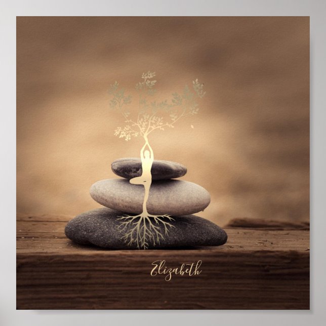 Therapist Zen Stones, Gold Tree Silhouette Brown Poster (Vorne)