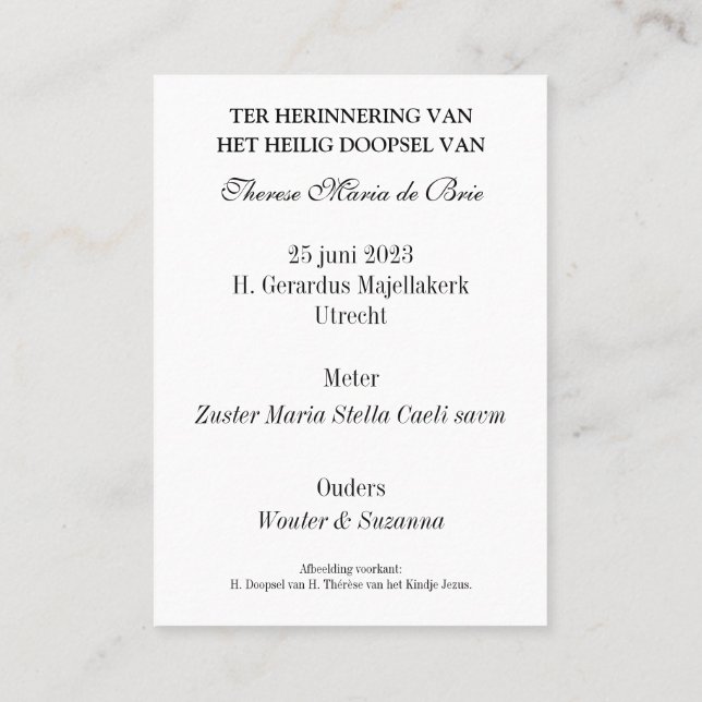 Therese Maria Baptisse Platzkarte (Rückseite)