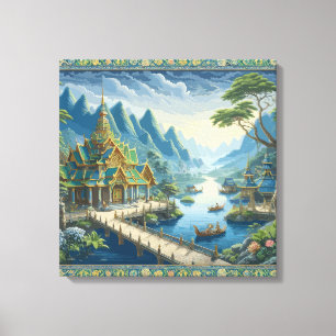 Thibaut Asian Landschaftlich Blue and Green Decora Leinwanddruck