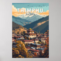 Thimphu Bhutan Illustration Travel Art Vintag