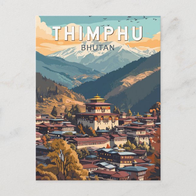 Thimphu Bhutan Illustration Travel Art Vintag Postkarte (Vorderseite)