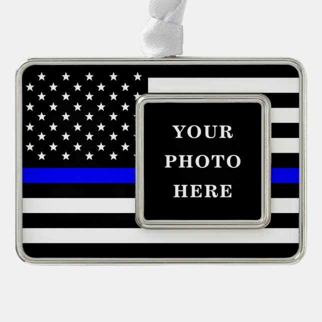 Thin Blue Line - American Flag Personalisiert Cust Rahmen-Ornament Silber (Vorderseite)