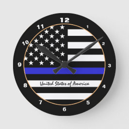Thin Blue Line & American Flag Police / US-Büro Runde Wanduhr