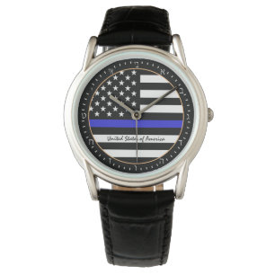 Thin Blue Line & American Flag Police / USA Hebrew Armbanduhr