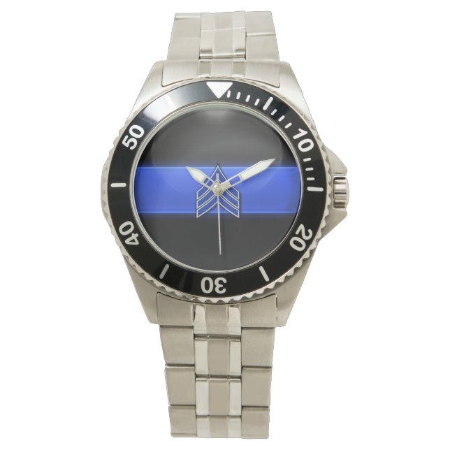 Thin Blue Line - Blau/Weiß Sergeant Streifen Armbanduhr (Vorderseite)
