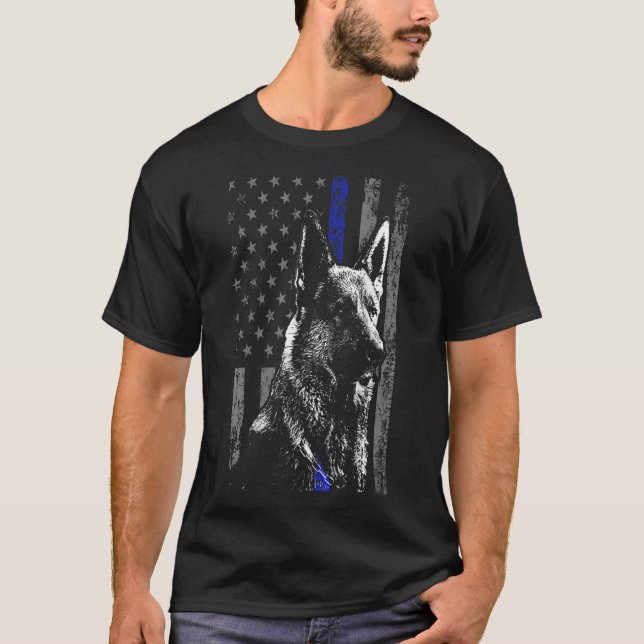Thin Blue Line Flag K9 Deutsche Schäferpolizei Hun T-Shirt (Vorderseite)