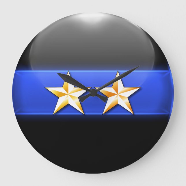 Thin Blue Line - Gold 2-Sterne Hauptransignien Große Wanduhr (Vorderseite)