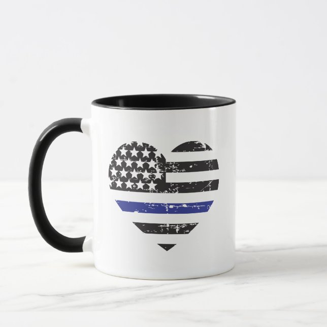 Thin Blue Line Heart USA Flag Polizeiunterstützung Tasse (Links)