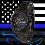 Thin Blue Line - Mit Monogramm Name und Unterschri Armbanduhr<br><div class="desc">Watch: Thin Blue Line USA Durchsetzung / Polizei themed persönliche Uhr mit modernen "Mit Monogramm" Namen. Passen Sie sich selbst,  Ihren Kollegen,  Freunden und Ihrer Familie an. Perfekt für Aufstieg / Werbeaktion,  lange Service-Auszeichnung,  Ruhestand.</div>