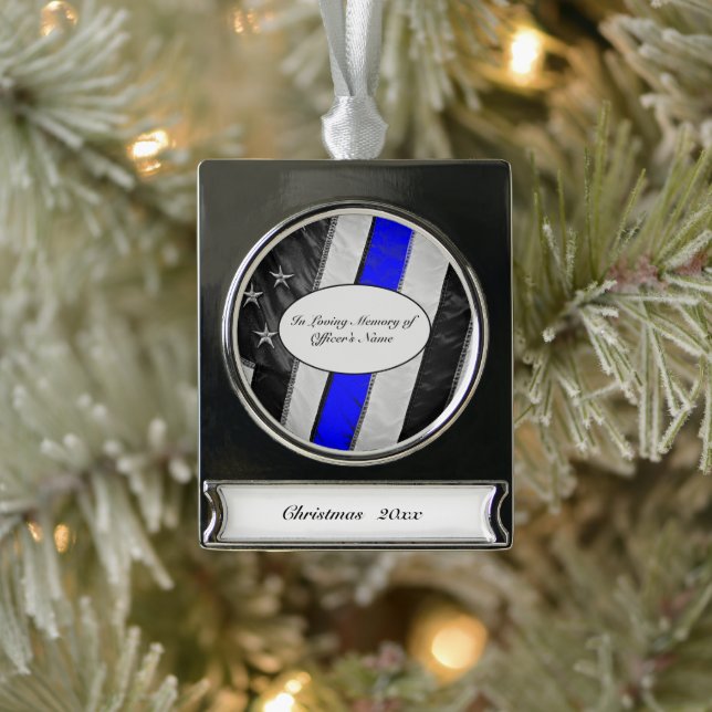 Thin Blue Line of Duty Fallen Officer Memorial Banner-Ornament Silber (Baum)