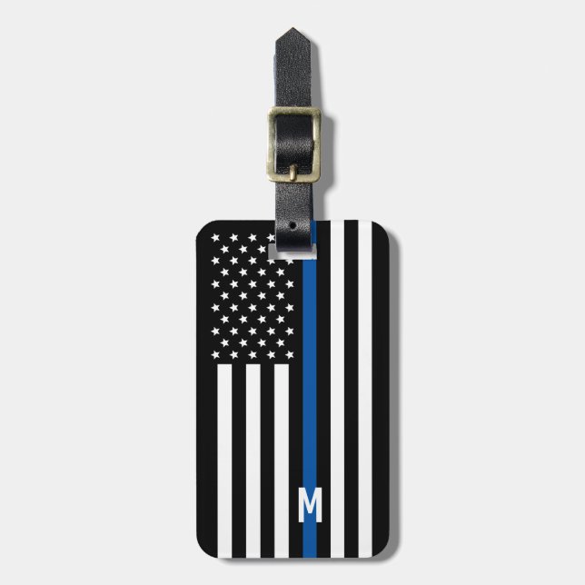 Thin Blue Line Police American Flag Monogramm Gepäckanhänger (Vorderseite vertikal)