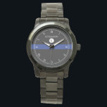 Thin Blue Line Serviceman Watch Armbanduhr<br><div class="desc">Eine elegante monogramm schwarz,  weiß,  blau gestreifte Armbanduhr mit einem Spot für den Namen Ihres Geschenkempfängers und dem ersten Monogramm Ihres Nachnamen. Ein großartiges Geschenk für jeden,  der Teil der Polizei ist,  derzeit im Dienst oder pensioniert.</div>