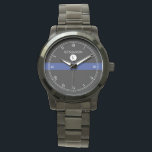 Thin Blue Line Serviceman Watch Armbanduhr<br><div class="desc">Eine elegante monogramm schwarz,  weiß,  blau gestreifte Armbanduhr mit einem Spot für den Namen Ihres Geschenkempfängers und dem ersten Monogramm Ihres Nachnamen. Ein großartiges Geschenk für jeden,  der Teil der Polizei ist,  derzeit im Dienst oder pensioniert.</div>