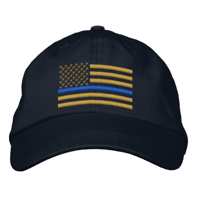 Thin Blue Line US-Flagge in Gold Bestickte Baseballkappe (Vorderseite)