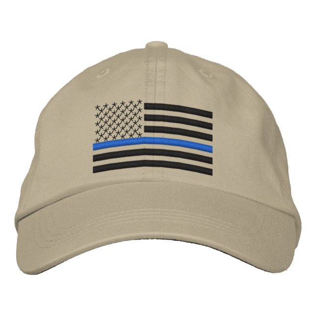 Thin Blue Line US-Flagge in Schwarz Bestickte Kappe (Vorderseite)