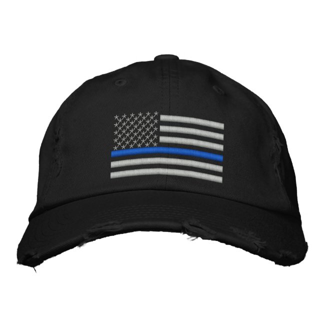 Thin Blue Line US-Flagge in Silver Bestickte Kappe (Vorderseite)