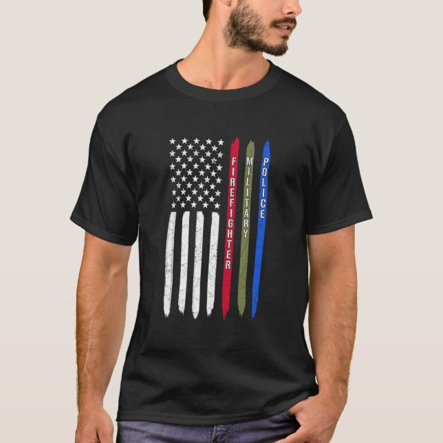 Thin Blue Red Green Line American Flag Police Mili T-Shirt (Vorderseite)