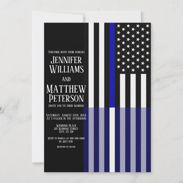 Thin Blue/White Line Flag Hochzeit Einladung (Vorderseite)