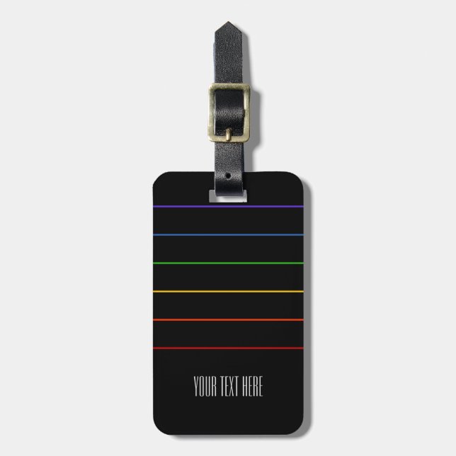 Thin Rainbow Stripes Black Text Gepäckanhänger (Vorderseite vertikal)