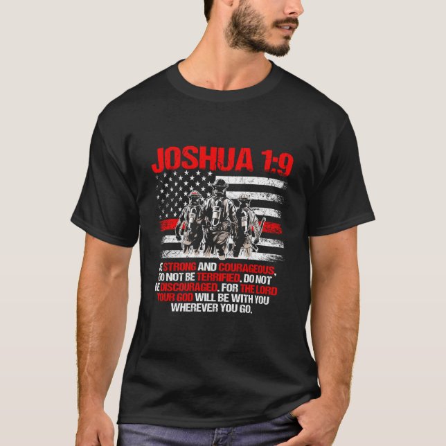 Thin Red Line Firefighter Bible Verse Joshua 19 T-Shirt (Vorderseite)