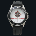 Thin Red Line Individuelle Name Stripe Firefighter Armbanduhr<br><div class="desc">Du bist Teil der Legion der Feuerrettung. Feiern Sie dies mit dieser benutzerdefinierten Uhr, die den Namen Ihres Geschenkempfängers in Rot entlang der durchgehenden, dünnen roten Linie entlang der unteren Mitte der Uhr platziert. Naher in Richtung Zentrum, dem klassischen Feuerwehrsymbol des Malteser Kreuzes. Ein modernes und stilvolles Geschenk für sich...</div>