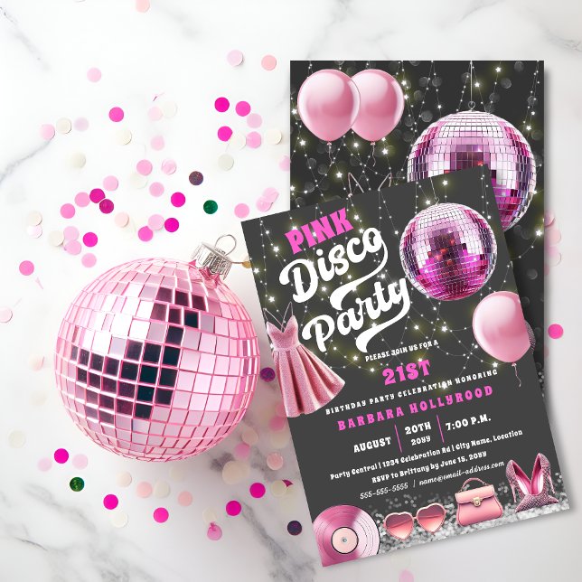 Think Pink Core Disco Party Einladung (Think pink core disco party invitation front and back view.)