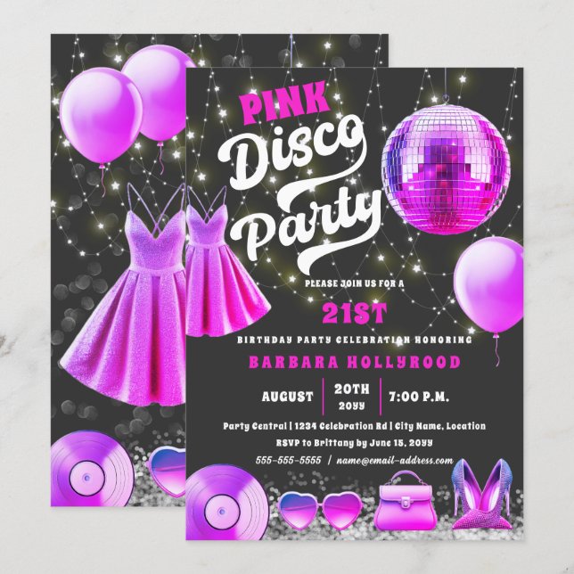 Think Pink Core Disco Party Einladung (Vorne/Hinten)