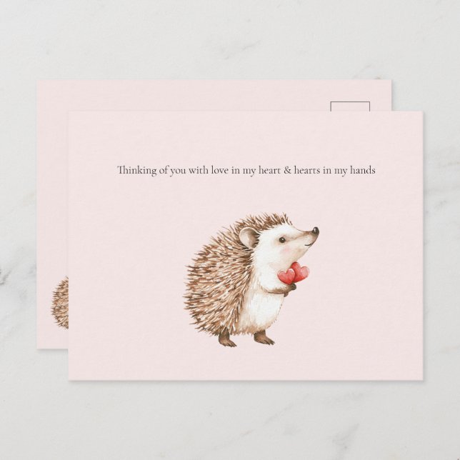 Thinking of you Hedgehog Hearts in Hands Postkarte (Vorne/Hinten)