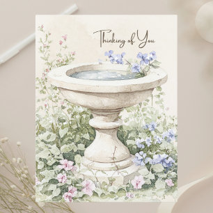 "Thinking of You"-Wasserfarbvogelbad im Garten Feiertagspostkarte