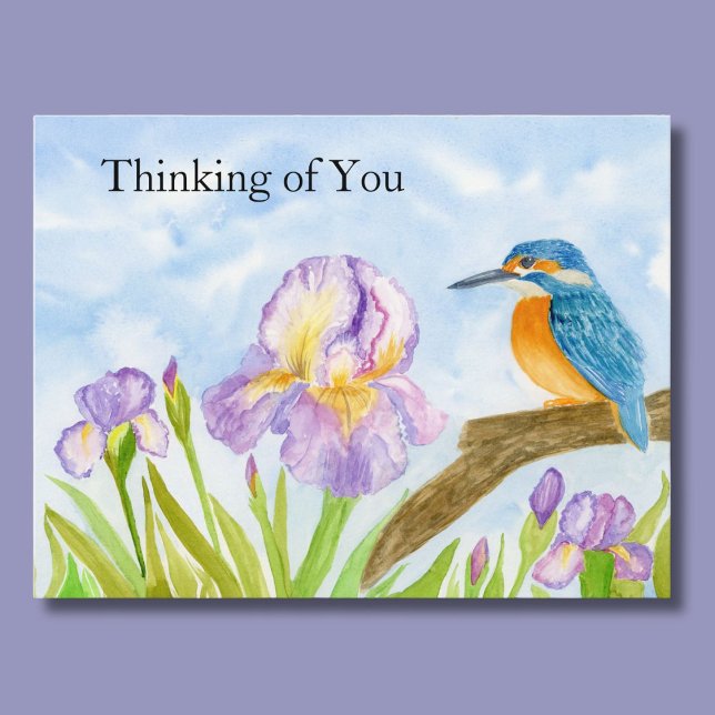 Thinking of You Watercolor Kingfisher Purple Iris Postkarte (Von Creator hochgeladen)