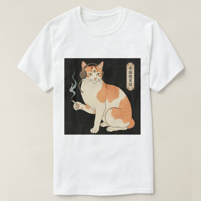 Third Eye Cat with Headphones & Cigarette T-Shirt (Design vorne)