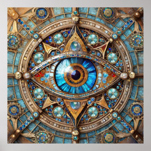 Third Eye - Türkis Blau Gold Mandala Poster